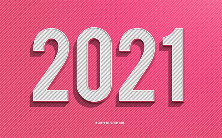 2021 nouvel an, 2021 fond rose, concepts 2021, art cr&#233;atif, bonne ann&#233;e 2021, fond de lignes roses