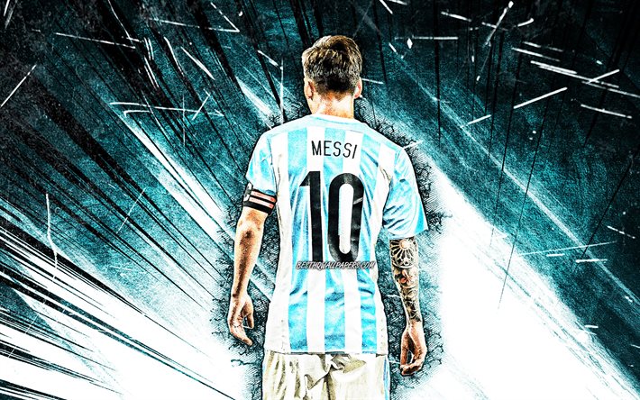 4k, Lionel Messi, back view, grunge art, Argentina national football team, football stars, blue abstract rays, Leo Messi, soccer, Messi, footballers, Argentine National Team, Lionel Messi 4K