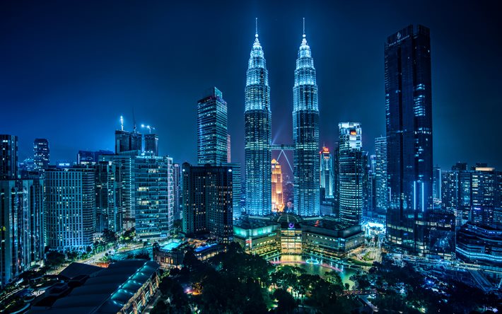 Kuala Lumpur, 4k, Petronas İkiz Kuleleri, g&#246;kdelenler, gece manzaraları, Malezya, Petronas Kuleleri, Asya, Kuala Lumpur geceleri