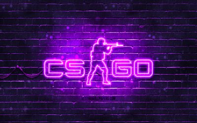 CS Go violet logo, 4k, violet brickwall, Counter-Strike, CS Go logo, 2020 games, CS Go neon logo, CS Go, Counter-Strike Global Offensive