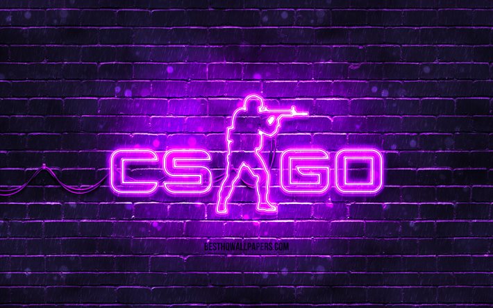 CS Go menekşe logosu, 4k, mor brickwall, Counter-Strike, CS Go logosu, 2020 oyunları, CS Go neon logo, CS Go, Counter-Strike Global Offensive
