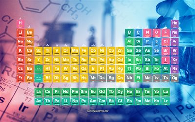 Tavola periodica, elementi chimici, 4K, tavola di Mendeleev, sfondo di chimica, concetti di chimica