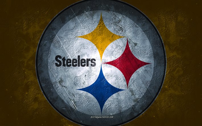 Pittsburgh Steelers, squadra di football americano, sfondo di pietra gialla, logo Pittsburgh Steelers, arte grunge, NFL, football americano, USA, emblema di Pittsburgh Steelers