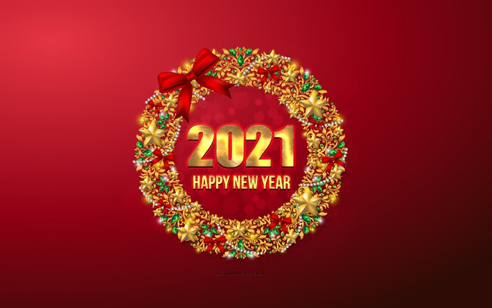 2021 Happy New Year, 4k, 2021 Christmas background, gold ornaments, 2021 concepts, 2021 New Year, Red 2021 background