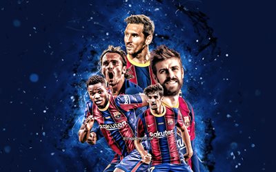 Lionel Messi, Ansu Fati, Antoine Griezmann, Francisco Trincao, Gerard Pique, 4k, Barcelona FC, football stars, La Liga, Barcelona team, blue neon lights, soccer, FC Barcelona, FCB
