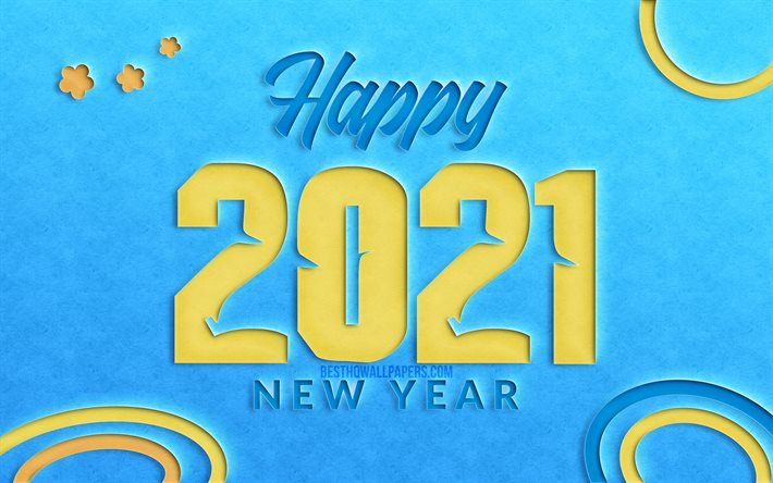 2021 ano novo, 4k, criativo, 2021 d&#237;gitos de corte amarelo, 2021 conceitos, 2021 em fundo azul, 2021 d&#237;gitos do ano, feliz ano novo de 2021