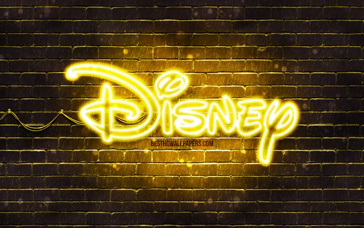 Logo jaune de Disney, 4k, brickwall jaune, logo de Disney, illustrations, logo n&#233;on de Disney, Disney