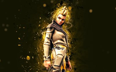 Vega, 4k, luzes de n&#233;on amarelas, jogos de 2020, Fortnite Battle Royale, personagens Fortnite, Vega Skin, Fortnite, Vega Fortnite