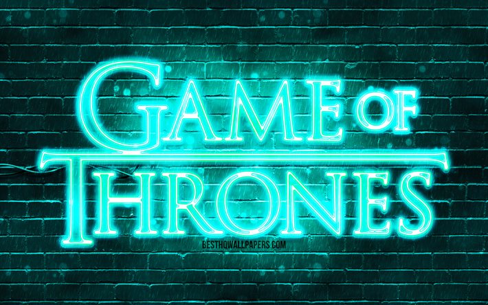 شعار Game Of Thrones باللون الفيروزي, 4 ك, brickwall الفيروز, مسلسلات, لعبة العروش, أزياء شعار لعبة من عروش النيون