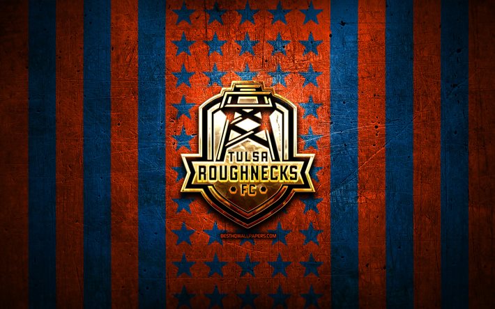 علم تولسا Roughnecks, USL, برتقالي أزرق معدن الخلفية, نادي كرة القدم الأمريكي, شعار Tulsa Roughnecks, الولايات المتحدة الأمريكية, كرة قدم, تولسا روغنيكس إف سي, الشعار الذهبي