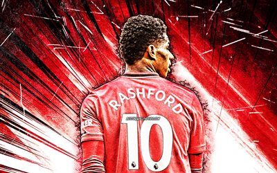 4k, Marcus Rashford, grunge art, back view, Manchester United FC, english footballers, Premier League, red abstract rays, soccer, football, Marcus Rashford 4K, Man United