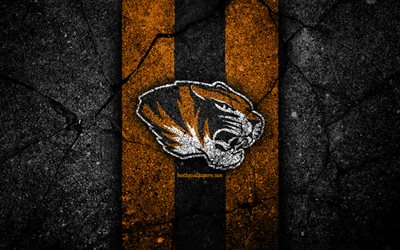 Missouri Tigers, 4k, american football team, NCAA, orange black stone, USA, asphalt texture, american football, Missouri Tigers logo