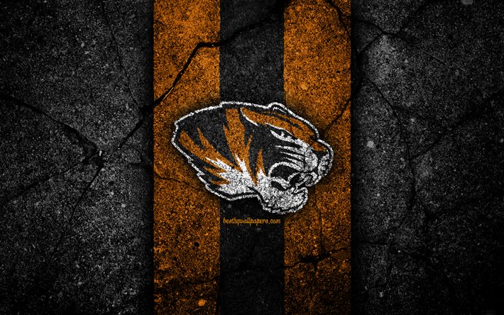 Missouri Tigers, 4k, time de futebol americano, NCAA, pedra preta laranja, EUA, textura de asfalto, futebol americano, logotipo do Missouri Tigers