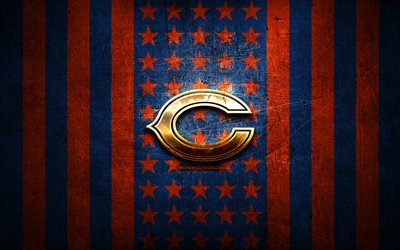 Drapeau de Chicago Bears, NFL, fond m&#233;tal bleu orange, &#233;quipe de football am&#233;ricain, logo Chicago Bears, USA, football am&#233;ricain, logo dor&#233;, Chicago Bears