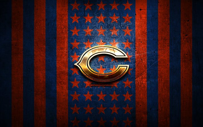 シカゴベアーズの旗, NFL, 青オレンジ色の金属の背景, アメリカンフットボール, シカゴベアーズのロゴ, 米国, 黄金のロゴ, シカゴベアーズ
