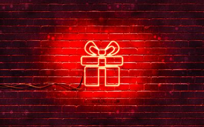 Gift Box neon icon, 4k, red background, neon symbols, Gift Box, creative, neon icons, Gift Box sign, holidays signs, Gift Box icon, holidays icons