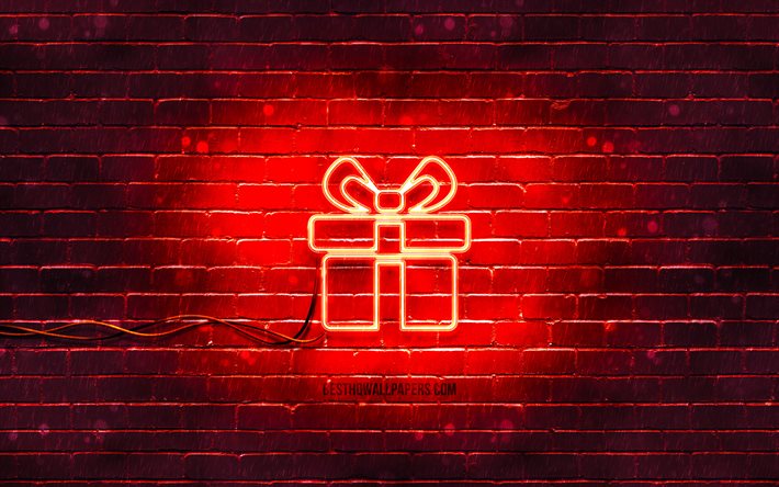 geschenkbox neon-symbol, 4k, roter hintergrund, neon-symbole, geschenkbox, kreativ, geschenkbox-zeichen, feiertagszeichen, geschenkbox-symbol, feiertags-symbole