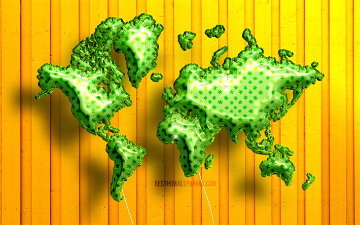 Vihre&#228;t realistiset ilmapallojen maailmankartta, 4k, 3D-kartat, maailmankarttakonsepti, keltainen puinen tausta, vihre&#228;t ilmapallot, luova, 3D-maailmankartta, vihre&#228; maailmankartta, maailmankartta