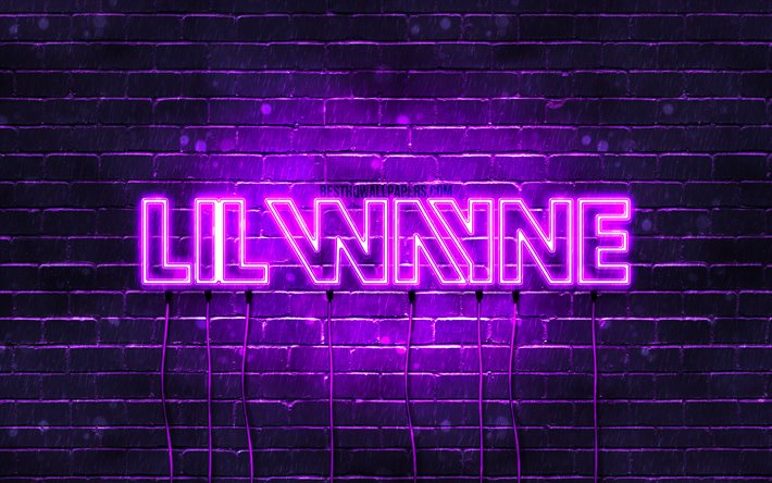 Lil Wayne logo violet, 4k, superstars, chanteur am&#233;ricain, brickwall violet, logo Lil Wayne, Dwayne Michael Carter, Lil Wayne, stars de la musique, logo n&#233;on Lil Wayne
