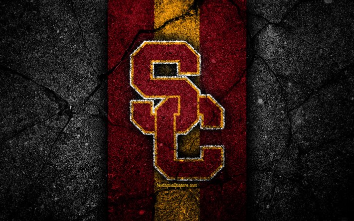 USC Trojans, 4k, &#233;quipe de football am&#233;ricain, NCAA, pierre jaune pourpre, USA, texture asphalte, football am&#233;ricain, logo USC Trojans