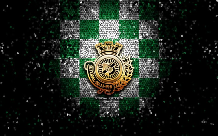 Vitoria Setubal FC, logotipo com glitter, Primeira Liga, fundo xadrez branco verde, futebol, clube de futebol portugu&#234;s, logotipo do Vitoria Setubal, arte em mosaico, Vitoria Setubal