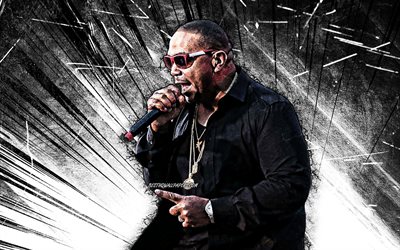 4k, Timbaland, grunge art, american rapper, music stars, white abstract rays, Timbaland with microphone, Timothy Zachery Mosley, american celebrity, Timbaland 4K