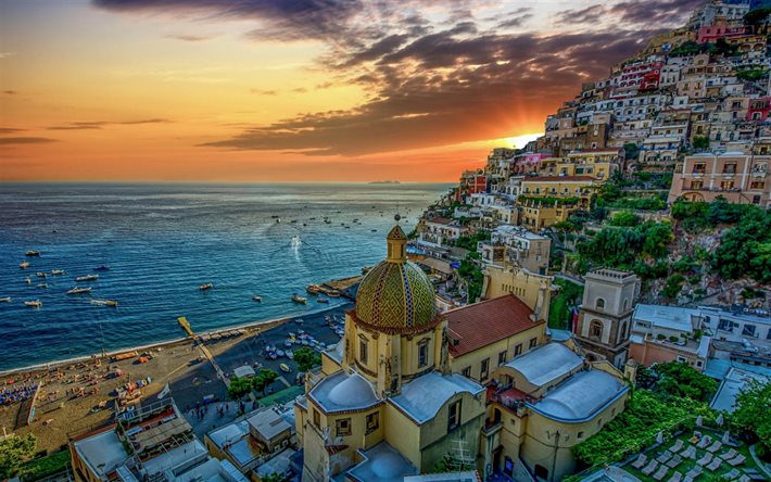 Positano, Amalfi Sahili, Akdeniz, g&#252;n batımı, akşam, deniz manzarası, Campania, İtalya