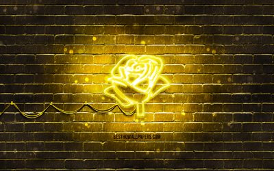黄色いバラのネオンアイコン, 4k, 黄色の背景, ネオン記号, 黄色のバラ, ネオンアイコン, 黄色いバラのサイン, ネオンの花, 自然の兆候, 黄色いバラのアイコン, 自然のアイコン