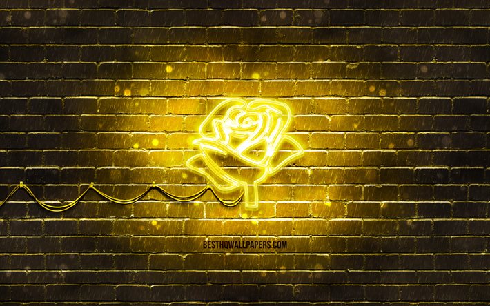 Keltaisen ruusun neonikuvake, 4k, keltainen tausta, neonisymbolit, Keltainen ruusu, neonikuvakkeet, Keltaisen ruusun kyltti, neonkukkia, luonnonmerkit, Keltaisen ruusun kuvake, luontokuvakkeet