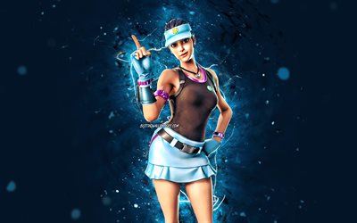 Volley Girl, 4k, mavi neon ışıkları, 2020 oyunları, Fortnite Battle Royale, Fortnite karakterleri, Volley Girl Skin, Fortnite, Volley Girl Fortnite