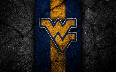 West Virginia Mountaineers, 4k, &#233;quipe de football am&#233;ricain, NCAA, bleu jaune pierre, USA, texture asphalte, football am&#233;ricain, logo West Virginia Mountaineers