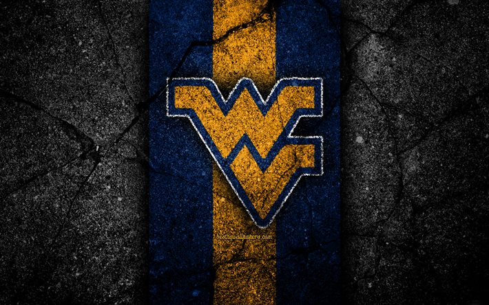 West Virginia Mountaineers, 4k, time de futebol americano, NCAA, pedra amarela azul, EUA, textura de asfalto, futebol americano, logotipo dos West Virginia Mountaineers