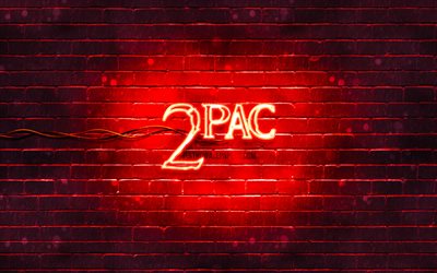 Logo rouge 2pac, 4k, superstars, rappeur am&#233;ricain, brickwall rouge, logo 2pac, Tupac Amaru Shakur, 2pac, stars de la musique, logo n&#233;on 2pac