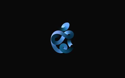 Blue 3d Apple logo, black background, Apple 3D emblem, Apple line logo, Apple