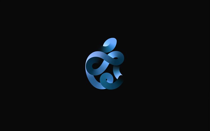 شعار أبل 3D الأزرق, خلفية سوداء 2x, شعار Apple 3D, شعار خط Apple, تفاح