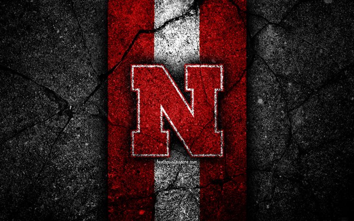 Nebraska Cornhuskers, 4k, amerikkalainen jalkapallojoukkue, NCAA, punainen valkoinen kivi, USA, asfaltti, amerikkalainen jalkapallo, Nebraska Cornhuskers -logo