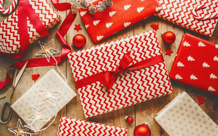 Noel hediyeleri, 4k, kırmızı ipek fiyonklu hediye kutuları, hediye kutuları ile arka plan, Mutlu Noeller