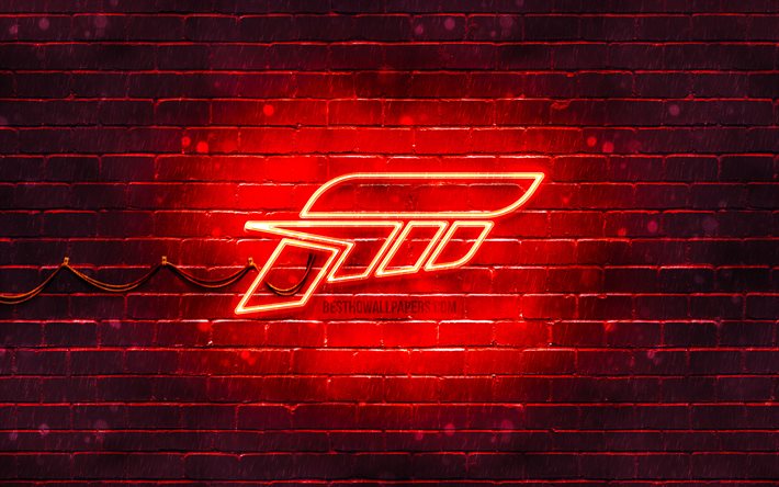 Logotipo vermelho da Forza, 4k, parede de tijolos vermelhos, logotipo da Forza, jogos 2020, logotipo neon da Forza