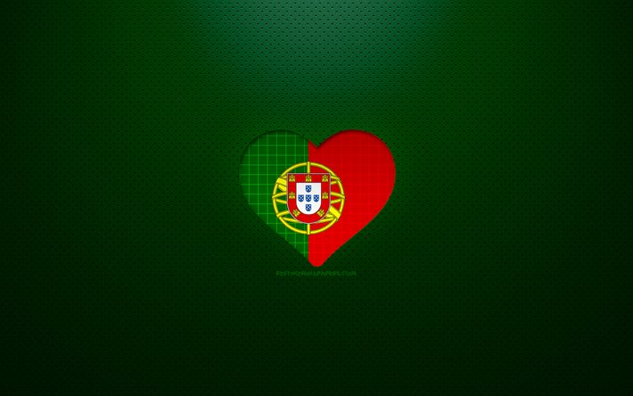 J&#39;aime le Portugal, 4k, Europe, fond pointill&#233; vert, coeur de drapeau portugais, Portugal, pays pr&#233;f&#233;r&#233;s, amour Portugal, drapeau portugais