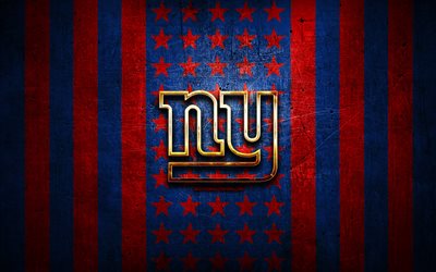 New York Giants-flagga, NFL, bl&#229; r&#246;d metallbakgrund, amerikansk fotbollslag, New York Giants-logotyp, USA, amerikansk fotboll, gyllene logotyp, New York Giants, NY Giants