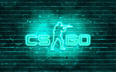 CS Go turkuaz logosu, 4k, turkuaz brickwall, Counter-Strike, CS Go logosu, 2020 oyunları, CS Go neon logo, CS Go, Counter-Strike Global Offensive