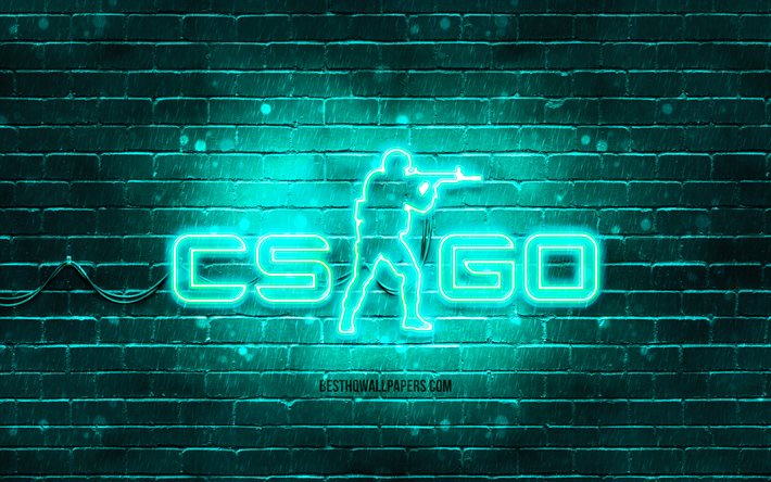 Logo CS Go turquoise, 4k, brickwall turquoise, Counter-Strike, logo CS Go, jeux 2020, logo n&#233;on CS Go, CS Go, Counter-Strike Global Offensive
