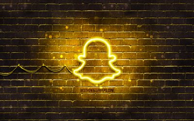 Snapchatin keltainen logo, 4k, keltainen tiilisein&#228;, Snapchat-logo, tuotemerkit, Snapchat-neon-logo, Snapchat