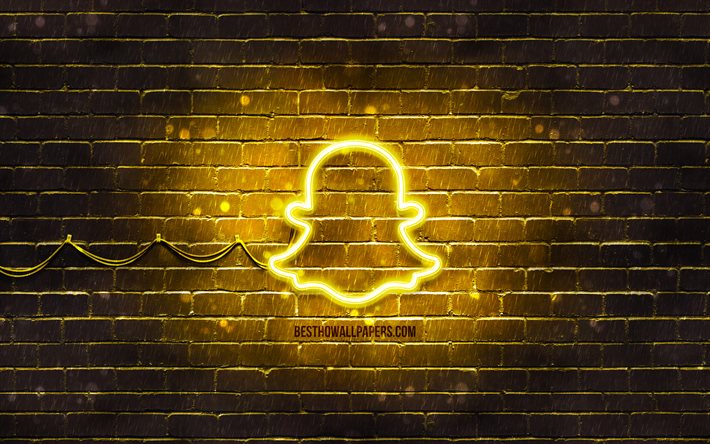 Snapchatの黄色のロゴ, 4k, 黄色のブリックウォール, Snapchatロゴ, ブランド, Snapchatネオンロゴ, Snapchat
