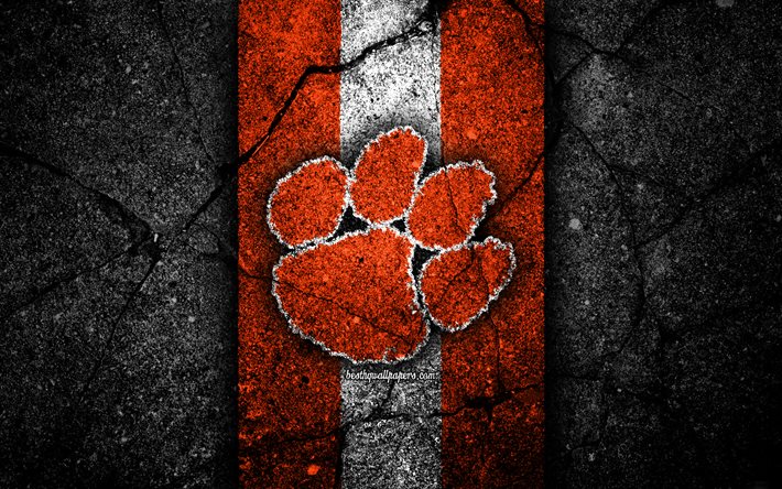 Clemson Tigers, 4k, equipo de f&#250;tbol americano, NCAA, piedra blanca naranja, Estados Unidos, textura de asfalto, f&#250;tbol americano, logo de Clemson Tigers