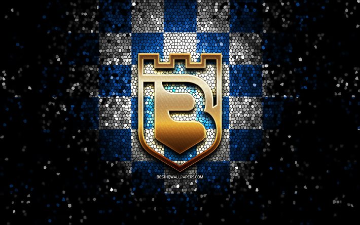 Belenenses FC, logo glitter, Primeira Liga, sfondo blu a scacchi bianchi, calcio, squadra di calcio portoghese, logo Belenenses, arte del mosaico, Os Belenenses