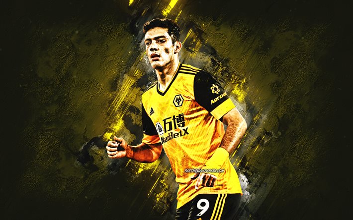 Raul Jimenez, Wolverhampton Wanderers, meksikolainen jalkapalloilija, muotokuva, keltainen kivi tausta, Premier League, jalkapallo