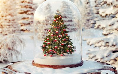 Christmas tree in a glass flask, Christmas decoration, Happy New Year, Merry Christmas, winter, snow