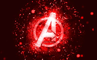 アベンジャーズレッドロゴ, 4k, 赤いネオンライト, creative クリエイティブ, 赤い抽象的な背景, アベンジャーズのロゴ, スーパーヒーロー, アベンジャーズ。