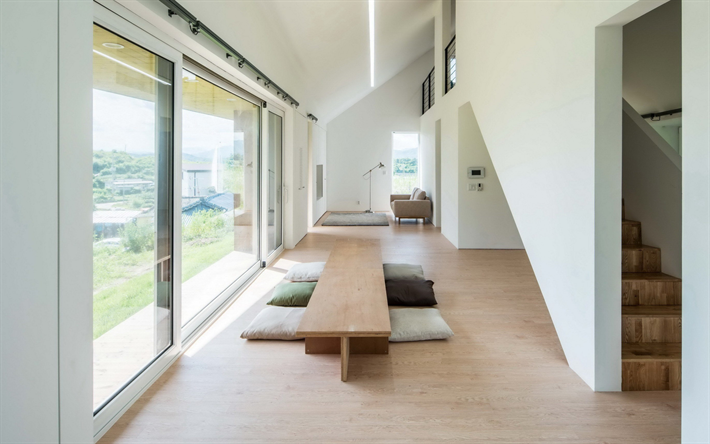 design de interiores moderno, casa de campo, estilo minimalismo, m&#237;nimo, travesseiros perto da mesa, mesa baixa na sala de jantar